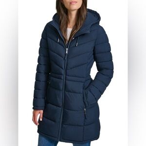 Tommy Hilfiger Packable Quilted Puffer Hooded Navy Coat 3/4 Zipper Front Xl $140